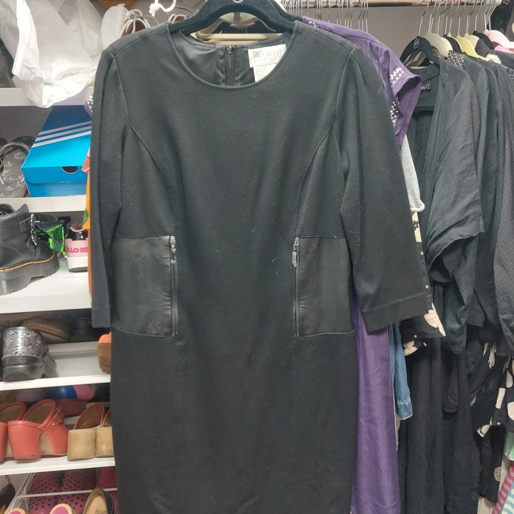 Worth Black Long Sleeve Dress with Leather Accents